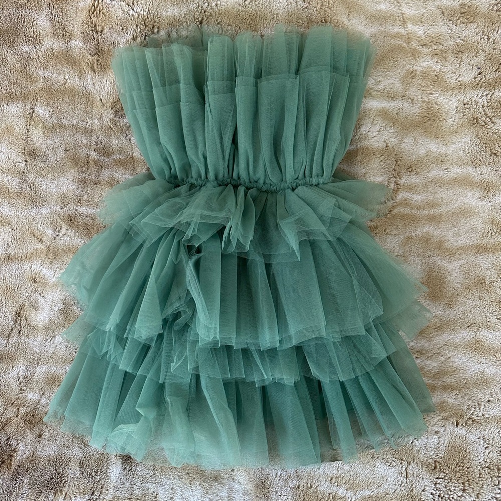 Tulle mini party dress, sea foam green.